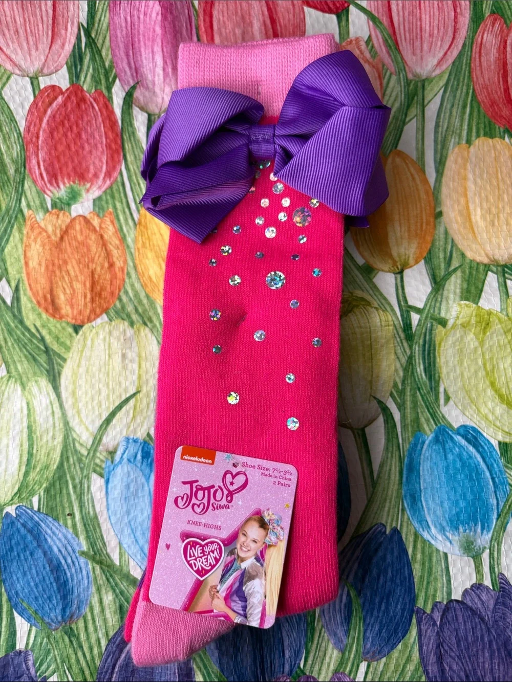 JoJo Siwa Hot Pink Knee-High Socks with Purple Bow and Rhinestone Accents